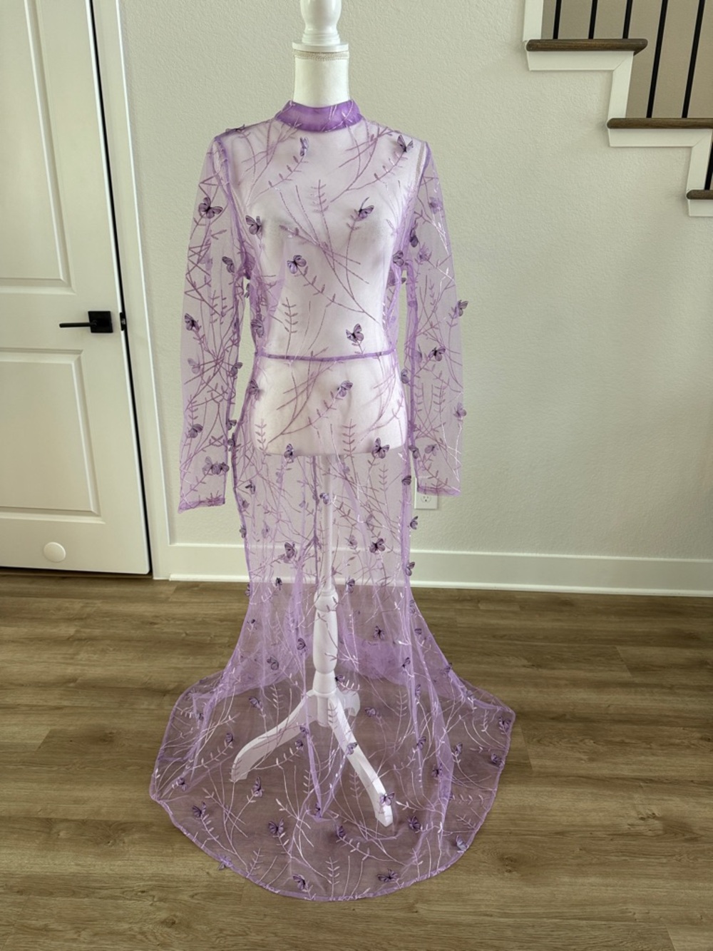 Fashion Nova Fly With Me Embroidered Maxi Dress Lavender 1X Sheer Overlay